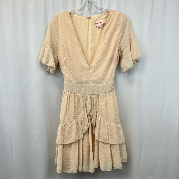 Showpo Womens Dress Blush Swiss Dot Short V Neck Layered Ruffle Cottagecore 6 - Picture 1 of 10